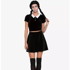 Black & White Collar Short Sleeve Girls Crop Top and Velvet Skater Pocket Skirt